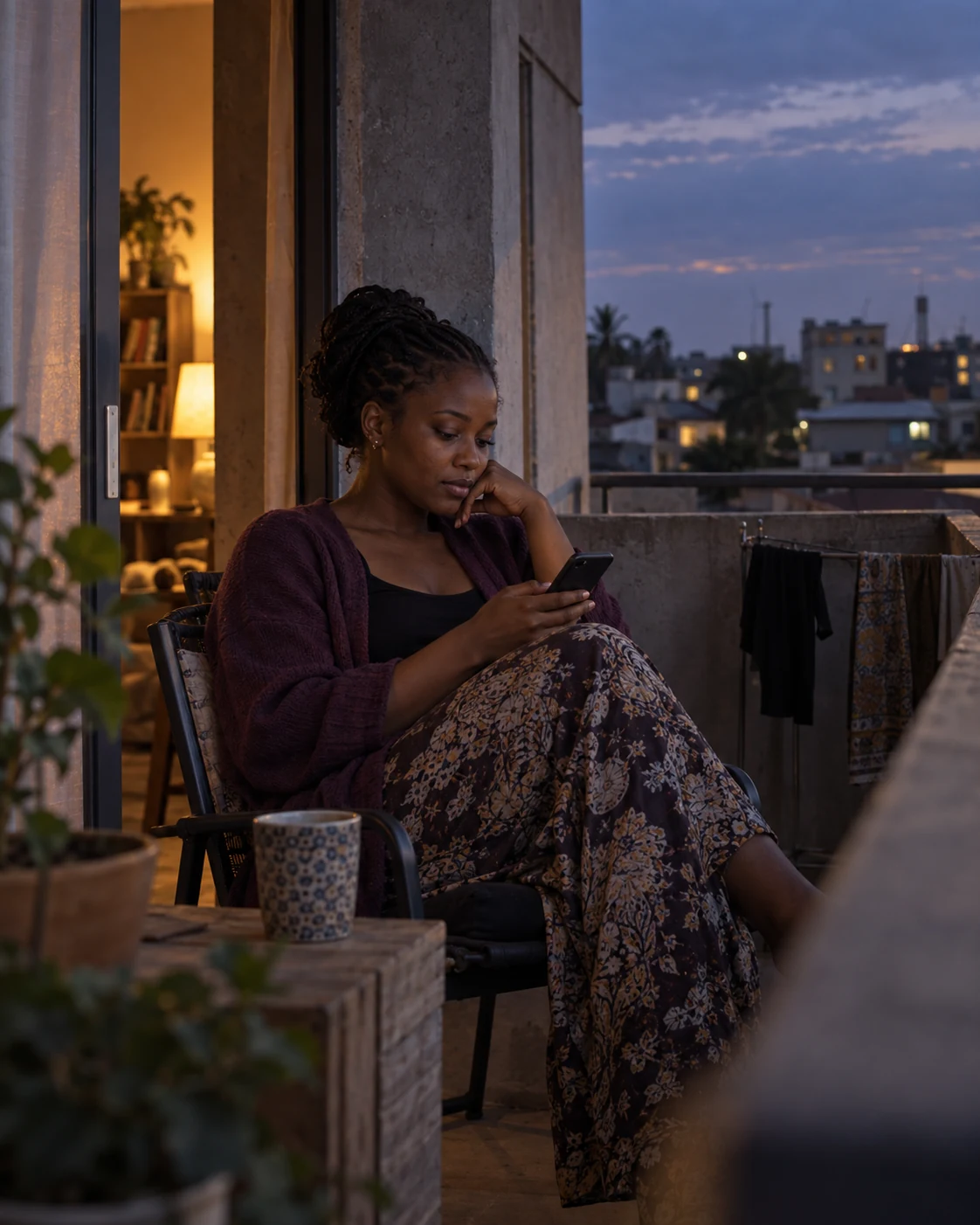 A woman privately sharing a thoughtful personal story at home